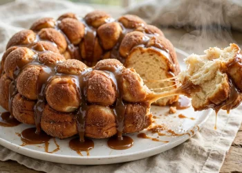 Golden brown monkey bread in a Bundt shape on a plate with caramel dripping