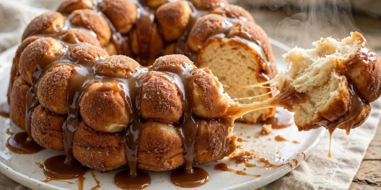 Golden brown monkey bread in a Bundt shape on a plate with caramel dripping