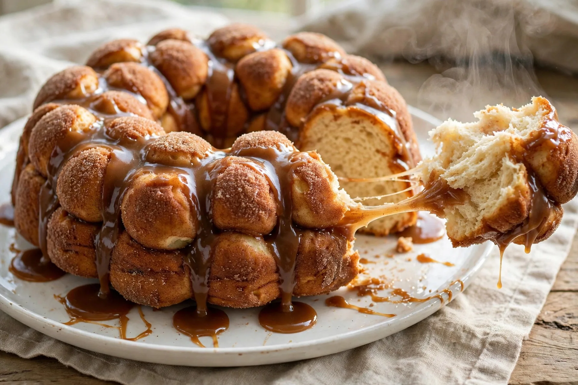 Golden brown monkey bread in a Bundt shape on a plate, with caramel dripping and a piece being pulled away