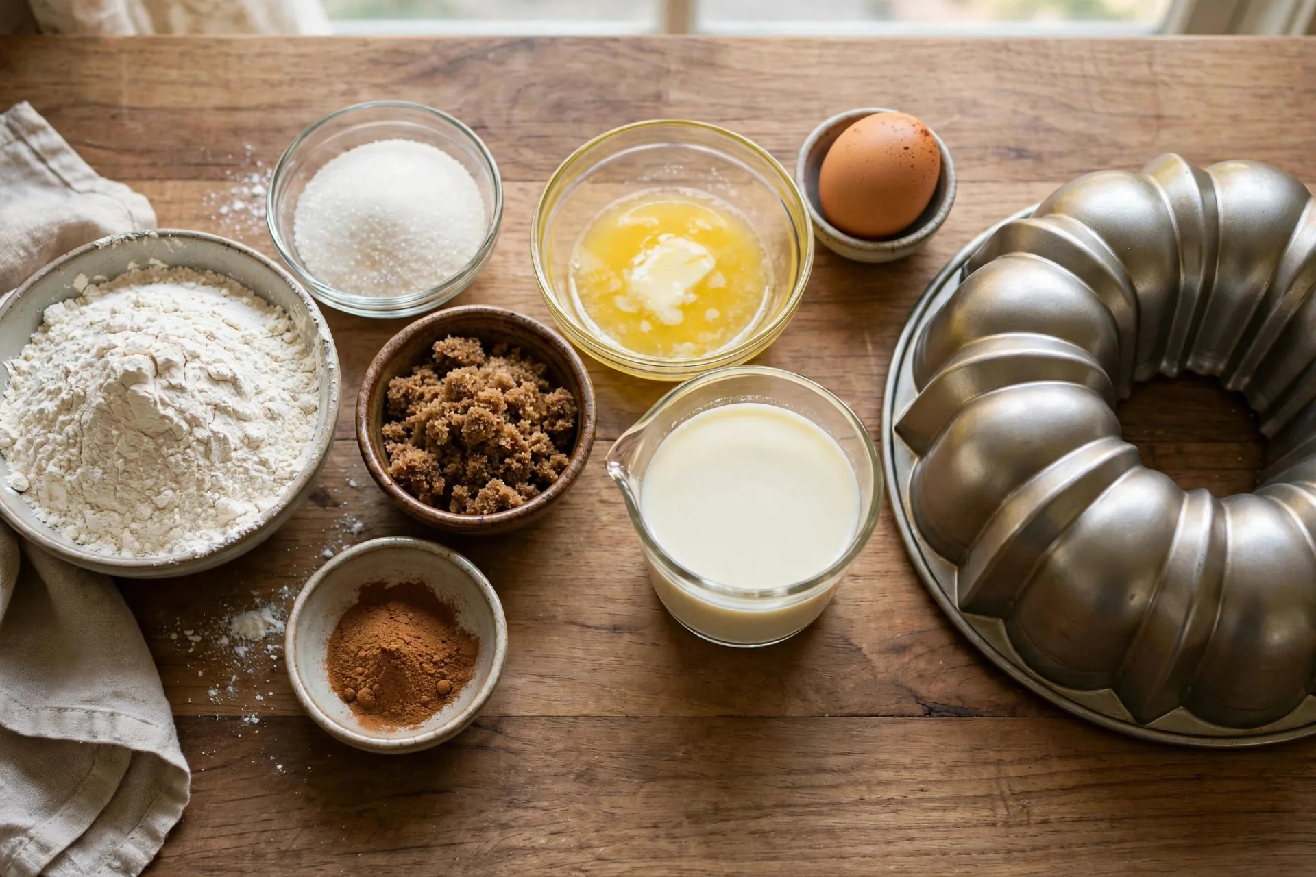 Bowls of flour, sugar, butter, cinnamon and milk arranged on a wooden counter