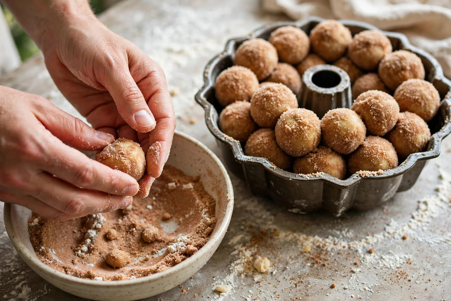 Hands rolling small dough balls in cinnamon sugar over a Bundt pan