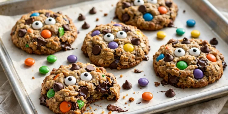 Monster Halloween cookies with candy eyes, M&Ms and chocolate chips on a baking sheet