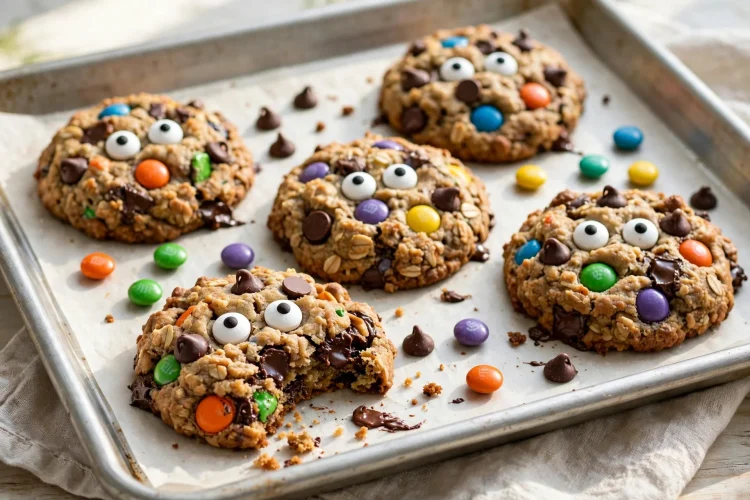 Monster Halloween cookies with candy eyes, M&Ms and chocolate chips on a baking sheet