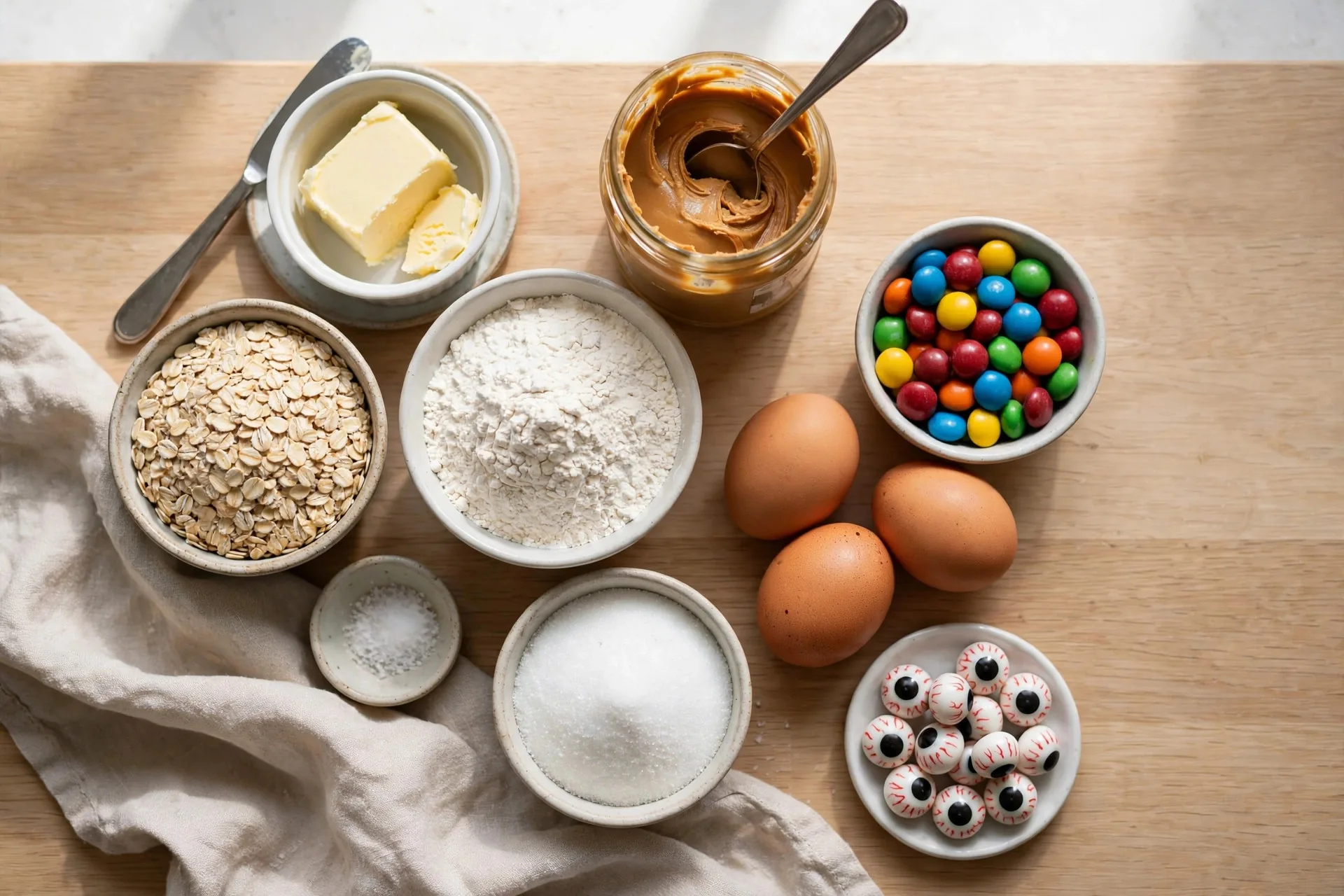 Ingredients for monster cookies: peanut butter, oats, M&Ms, flour, and candy eyes