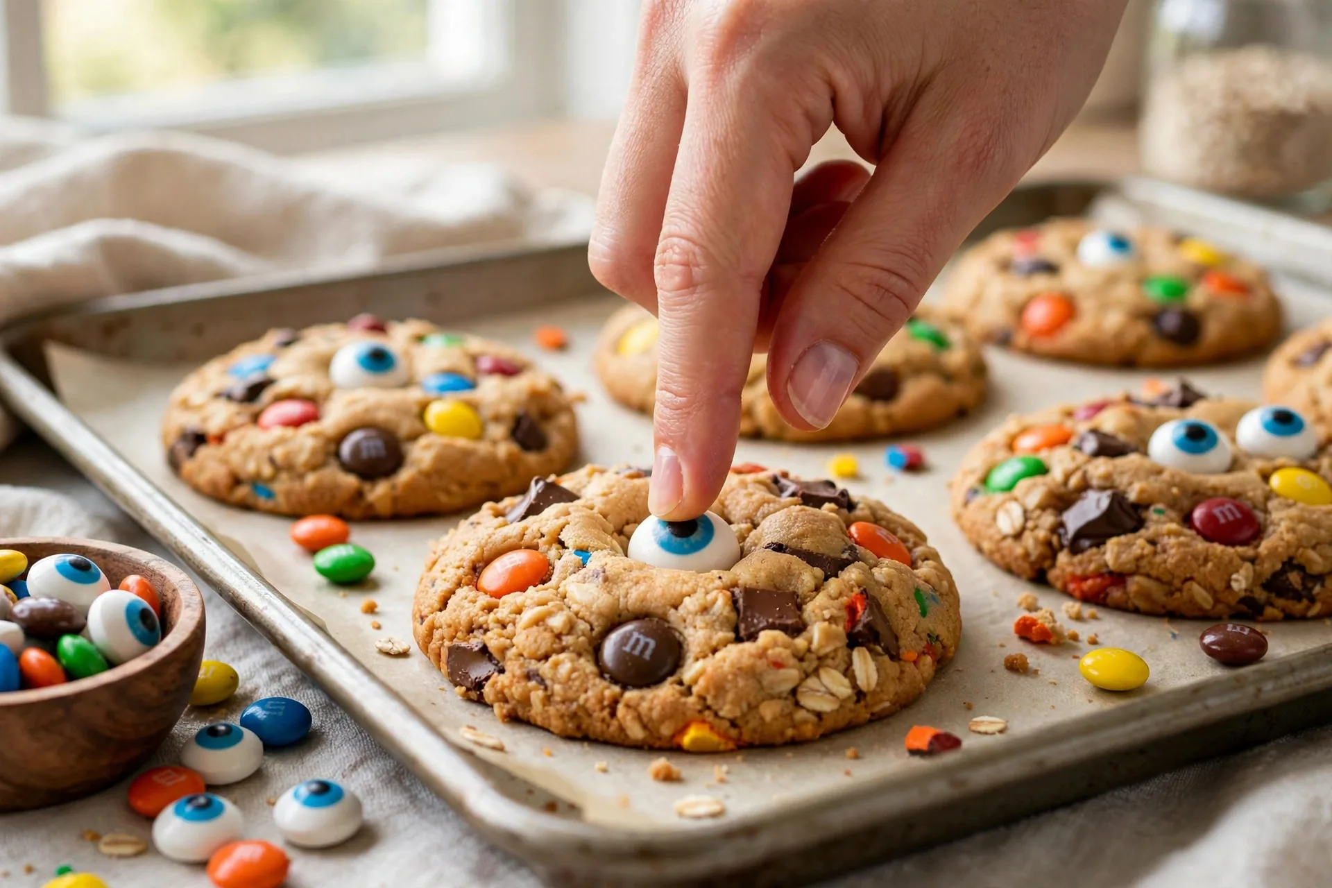 Pressing candy eyeballs onto warm baked monster cookies