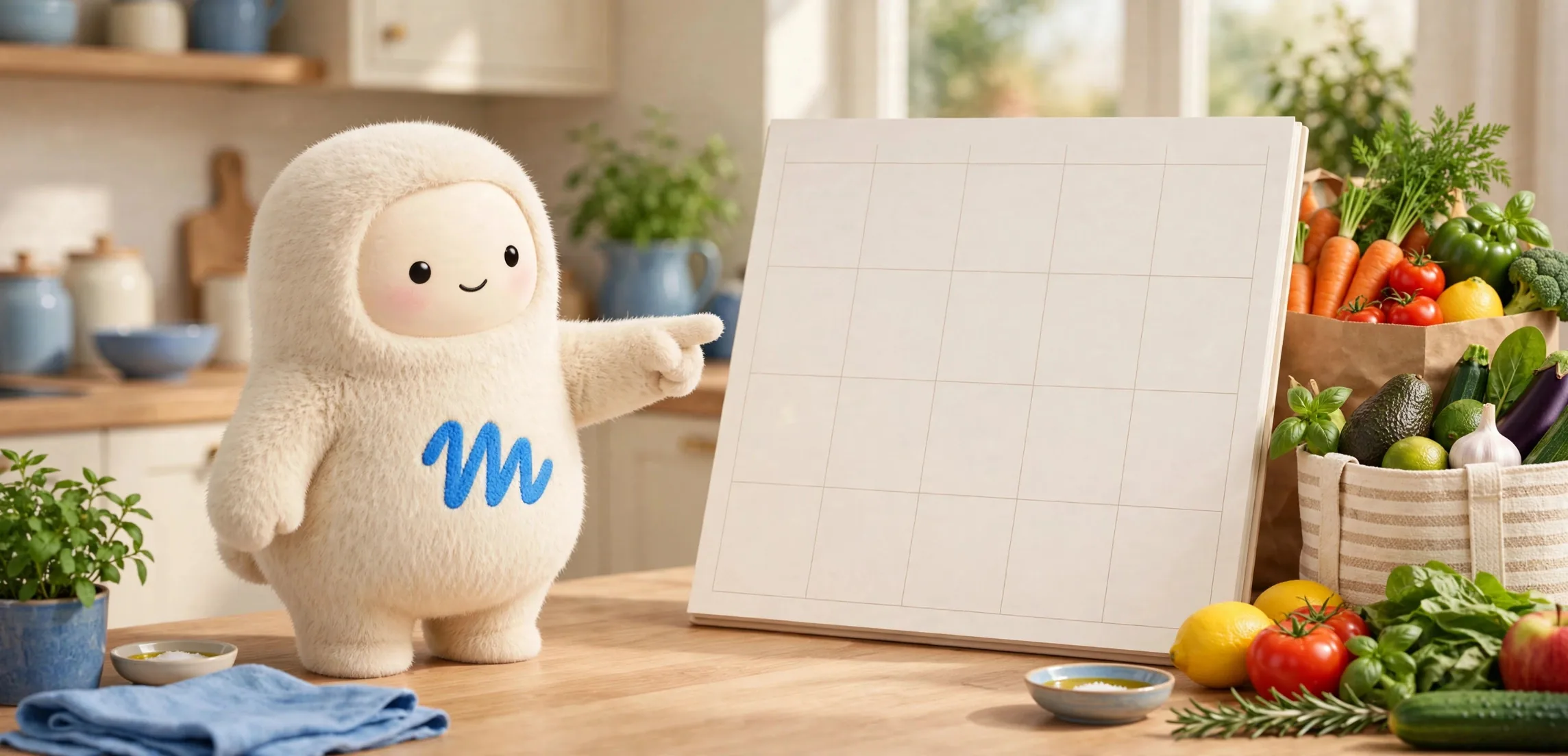 Muse mascot pointing at a weekly calendar planner with grocery bags