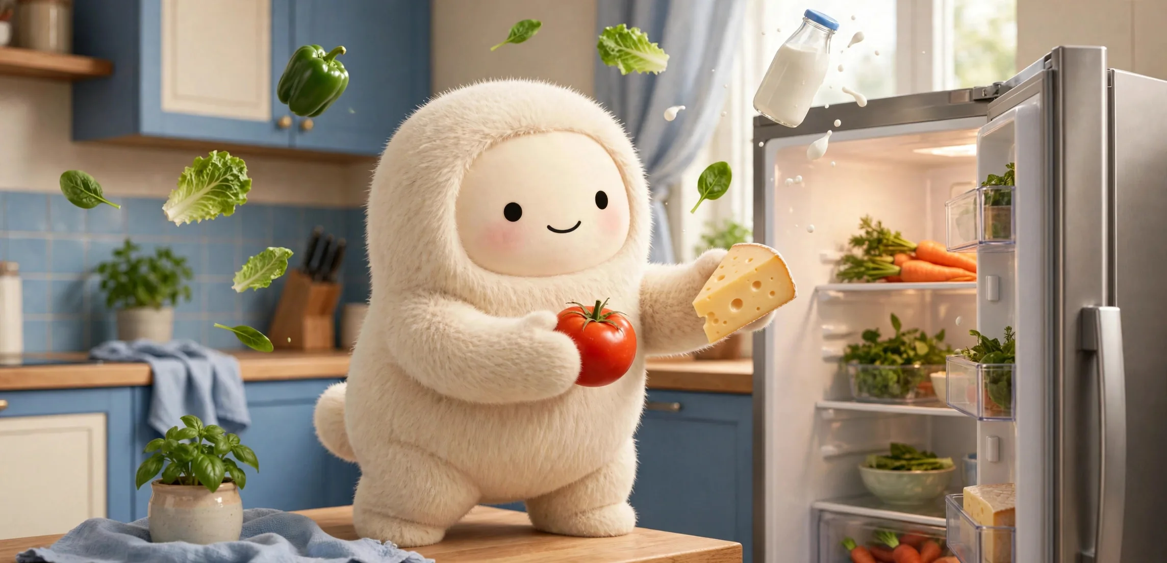 Muse mascot taking a tomato and cheese out of the fridge