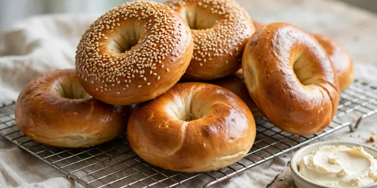 Glossy golden bagels, some topped with sesame seeds, piled on a wire cooling rack