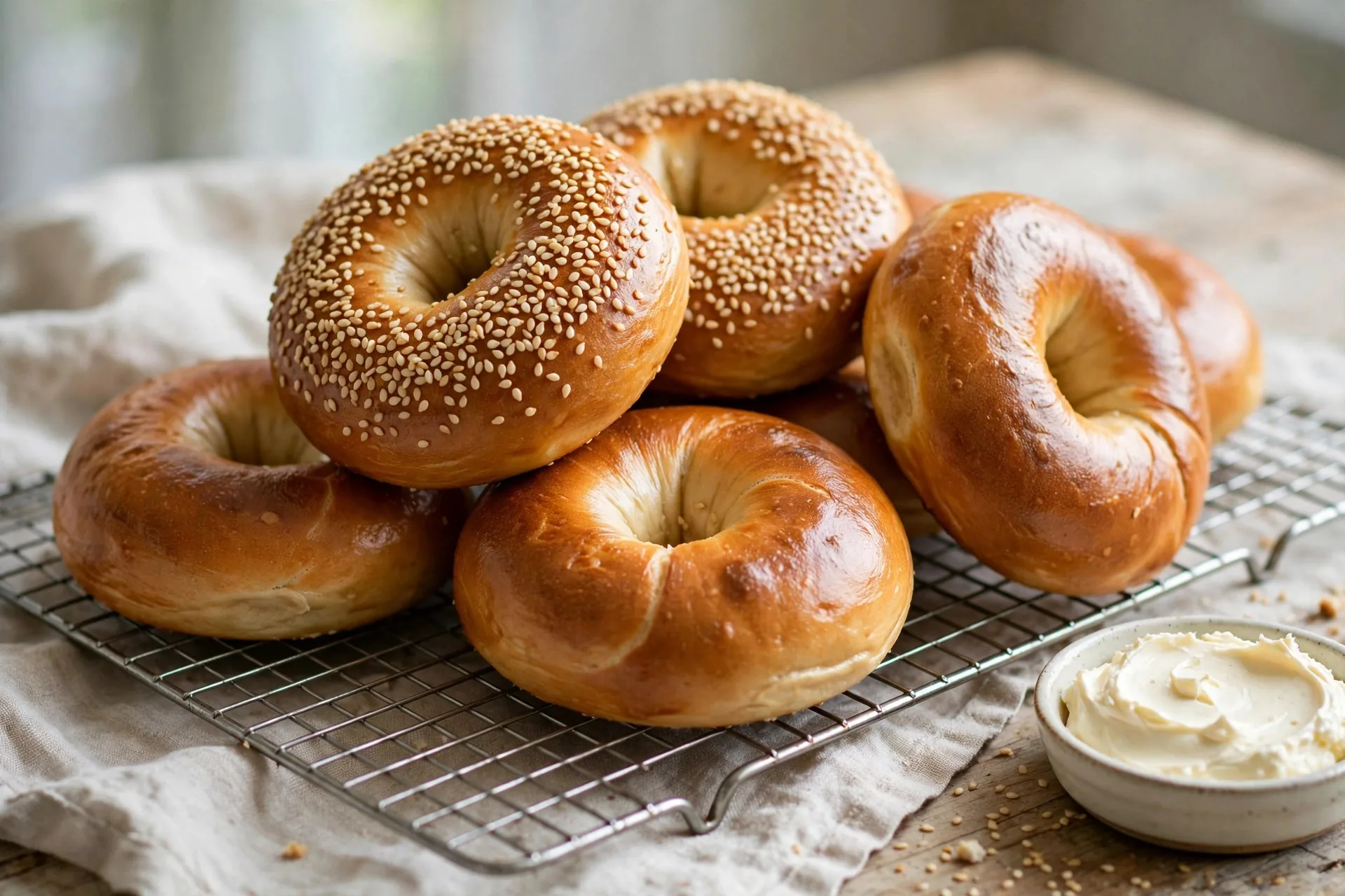 Glossy golden New York-style bagels topped with sesame seeds on a cooling rack