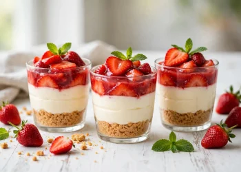 No-bake strawberry cheesecake cups layered with graham crust, creamy filling, and fresh strawberries