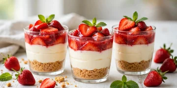 No-bake strawberry cheesecake cups layered with graham crust, creamy filling, and fresh strawberries
