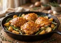 Cast iron skillet of glazed honey mustard chicken thighs with roasted potatoes, green beans, and thyme