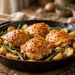 Cast iron skillet of glazed honey mustard chicken thighs with roasted potatoes, green beans, and thyme