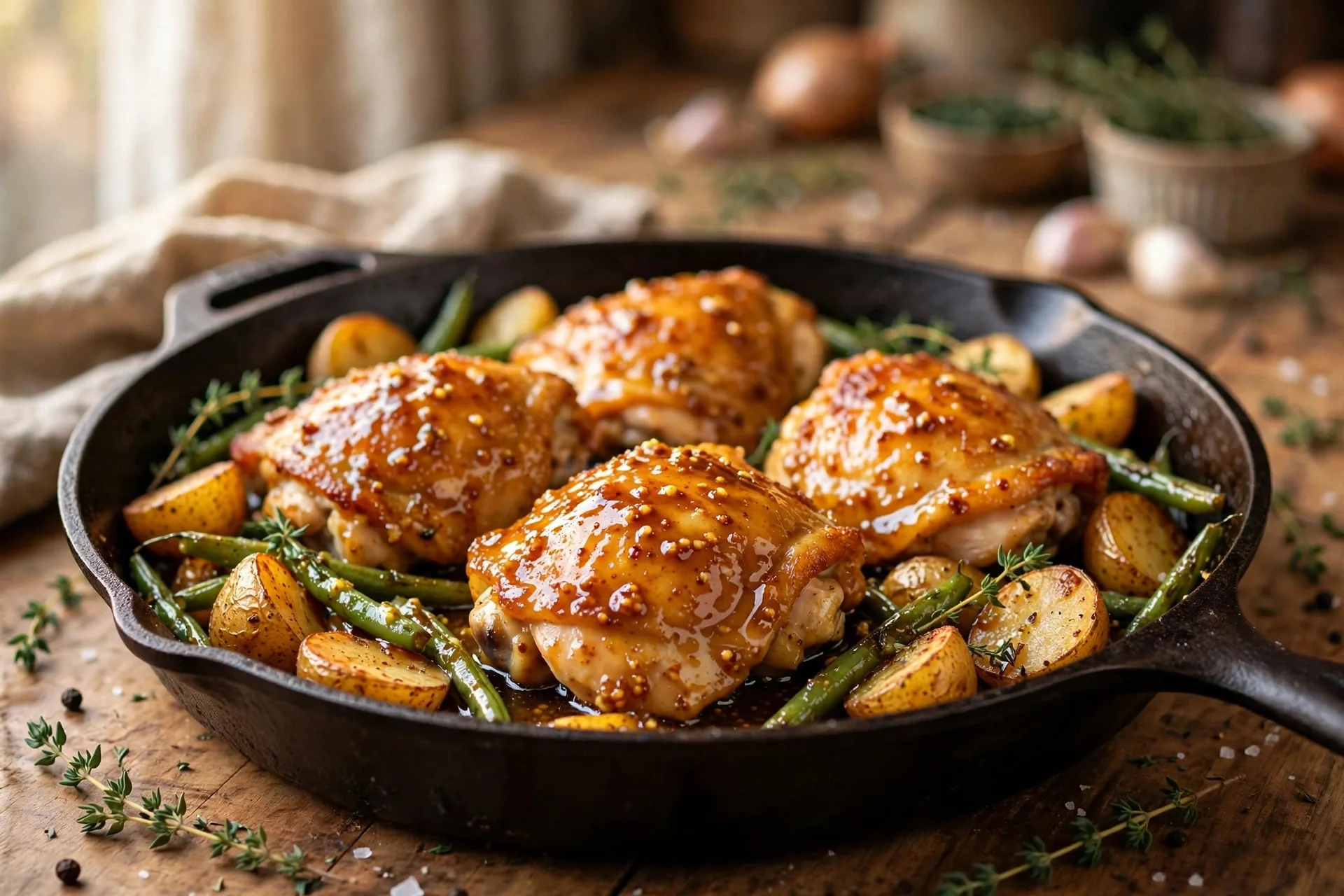 One-pan honey mustard chicken thighs with roasted potatoes and green beans in a cast iron skillet