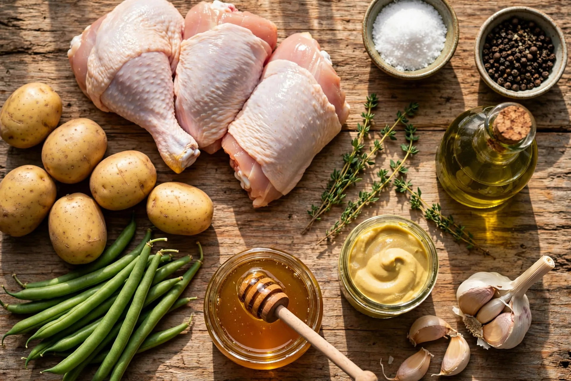 honey mustard chicken ingredients flat lay with chicken, potatoes and green beans