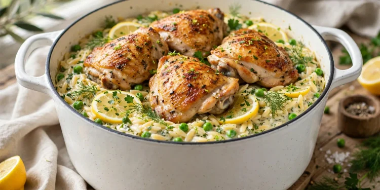 One-pot lemon herb chicken and orzo with chicken thighs, lemon slices, and fresh herbs