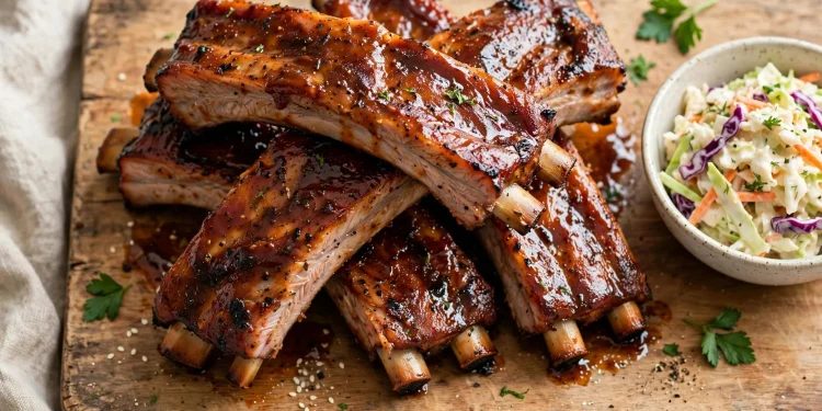 Oven-baked BBQ pork ribs with glossy caramelized sauce on a wooden board