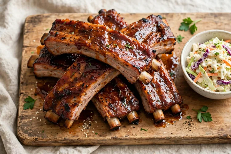 Oven-baked BBQ pork ribs with glossy caramelized sauce on a wooden board
