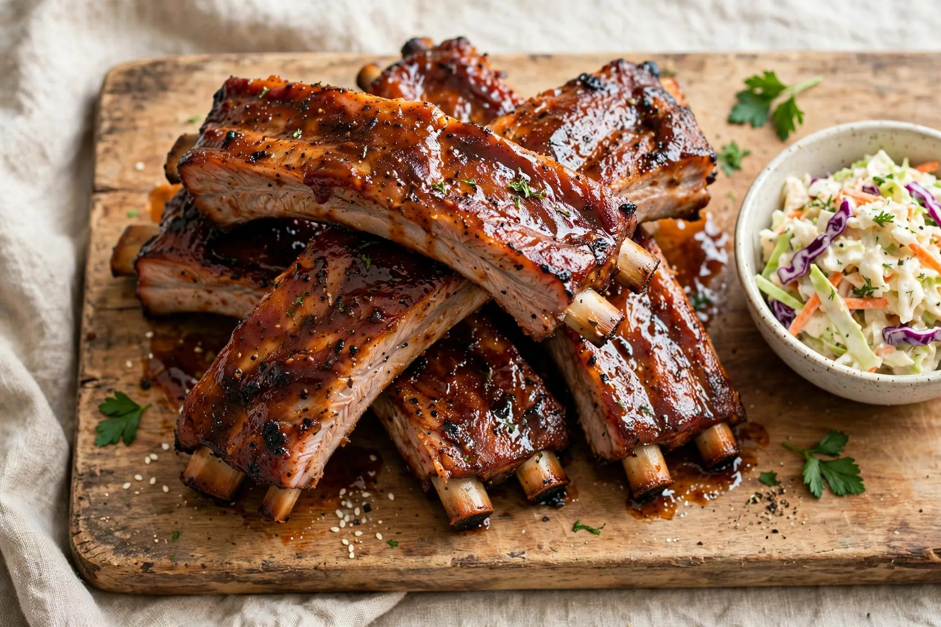 Oven-baked BBQ pork ribs with glossy caramelized sauce on a wooden board