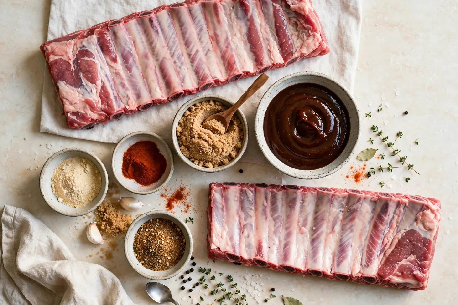 Raw baby back ribs, BBQ sauce and dry rub spices
