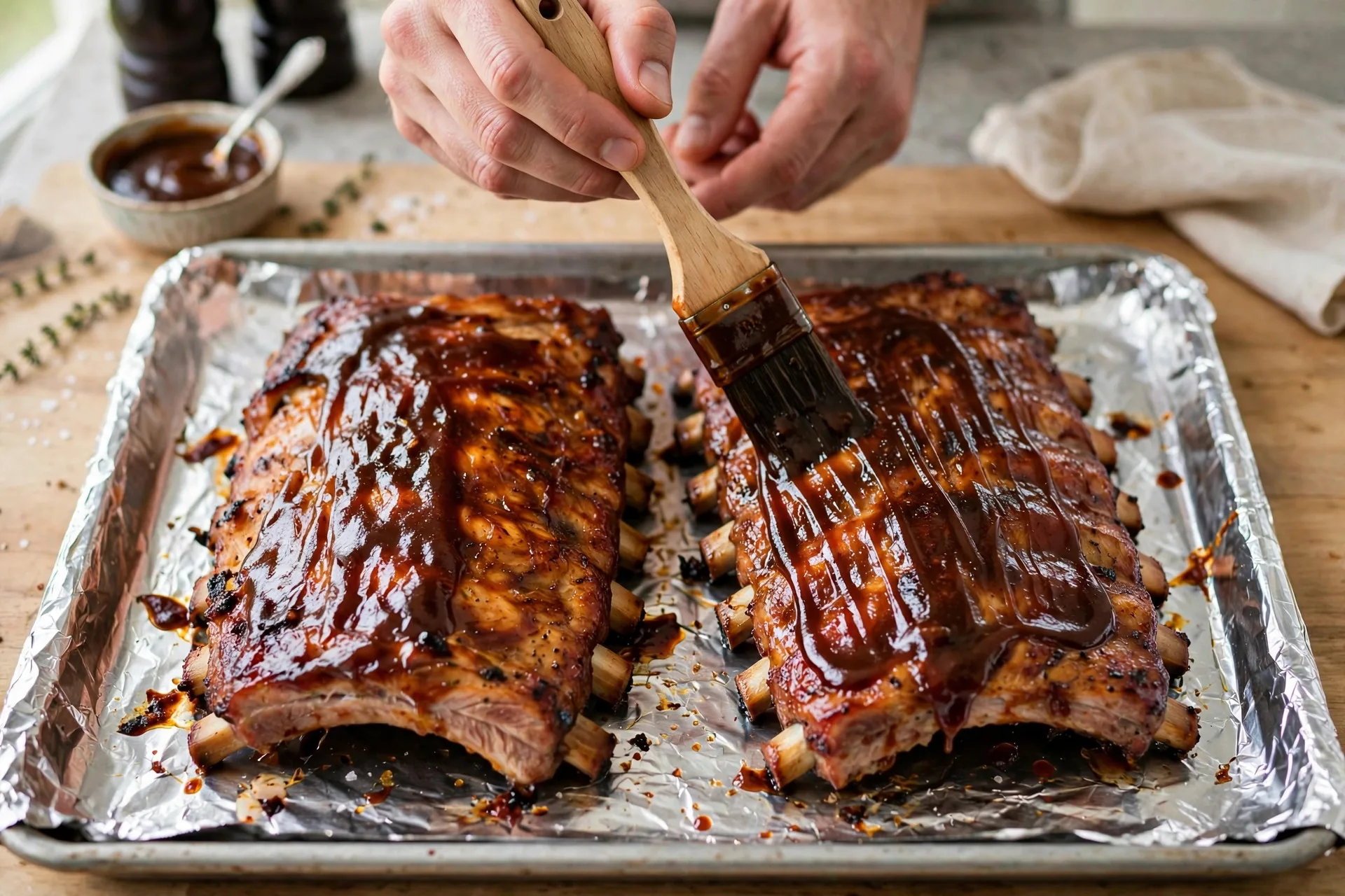 Hands brushing BBQ sauce over baked pork ribs on a sheet pan