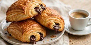 Golden flaky pain au chocolat pastries with melted chocolate batons visible at the ends, stacked on a plate