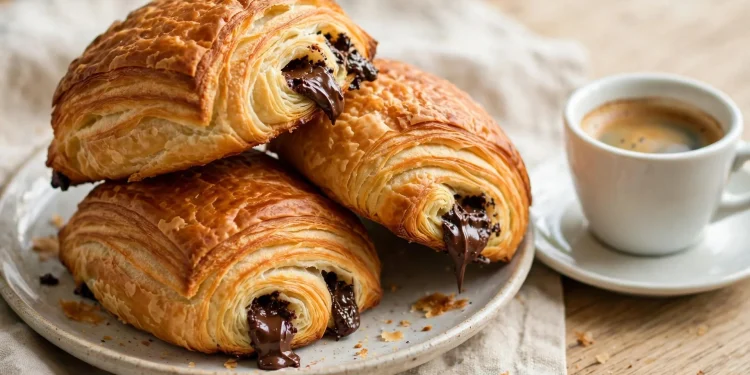 Golden flaky pain au chocolat pastries with melted chocolate batons visible at the ends, stacked on a plate
