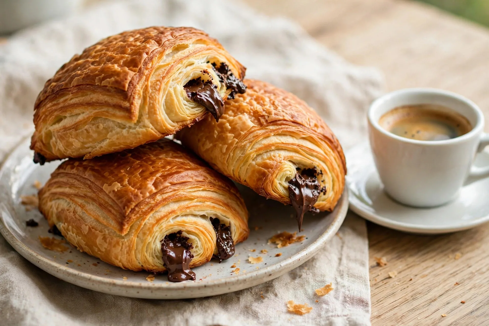Golden flaky pain au chocolat pastries with melted chocolate batons visible at the ends, stacked on a plate