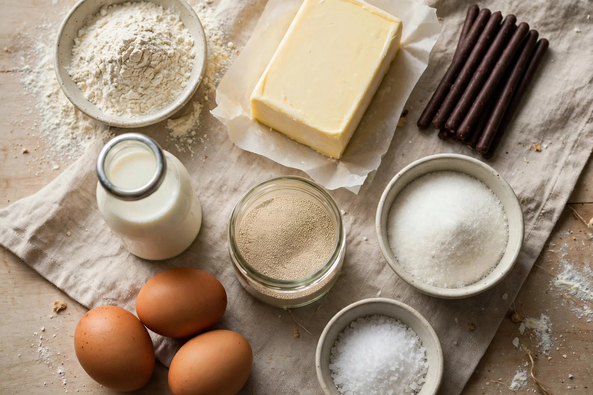 Ingredients for pain au chocolat including flour, butter slab, chocolate batons, milk, yeast, sugar, egg, and salt