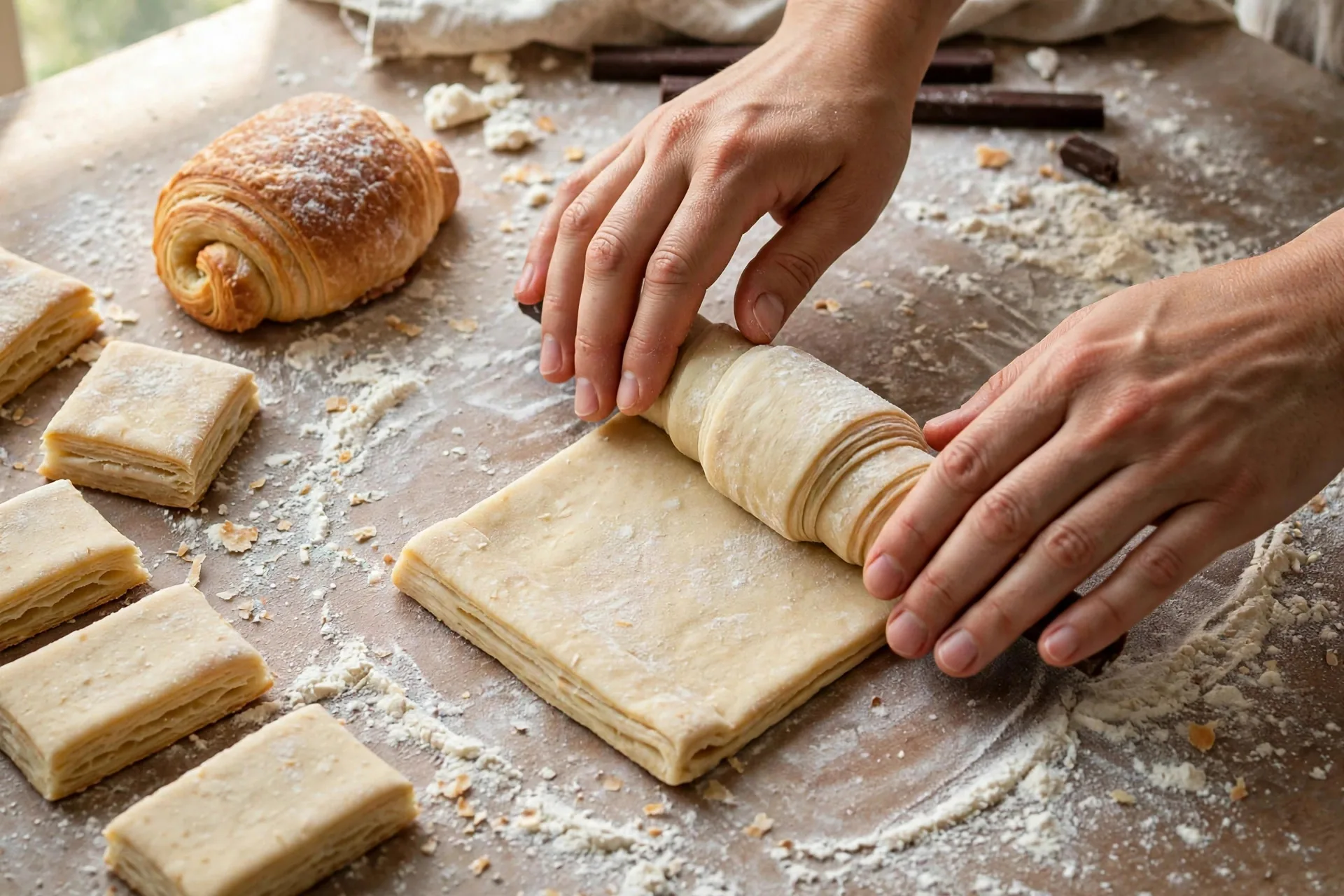 Hands rolling rectangles of laminated dough around chocolate batons to form pain au chocolat