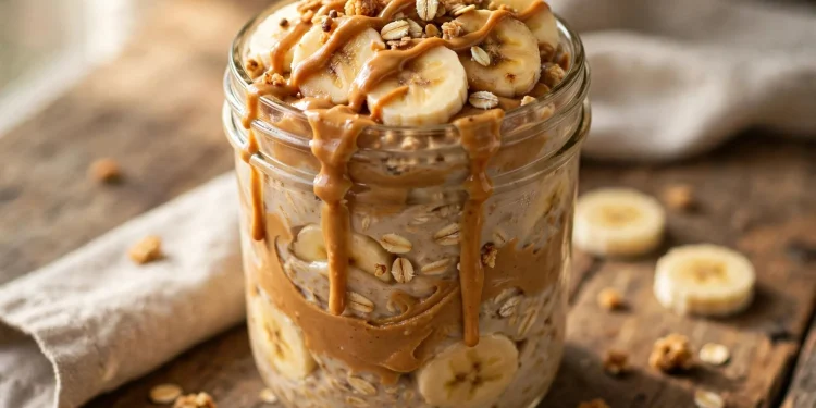 Mason jar of peanut butter banana overnight oats topped with banana slices, peanut butter drizzle and granola