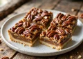 Pecan pie bars with glossy caramel pecan topping on a plate
