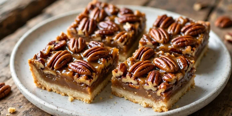Pecan pie bars with glossy caramel pecan topping on a plate