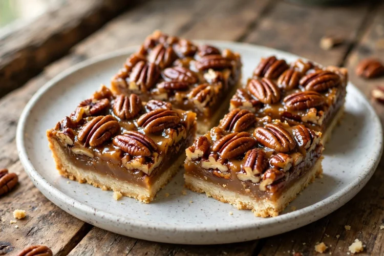 Pecan pie bars with glossy caramel pecan topping on a plate
