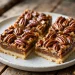 Pecan pie bars with glossy caramel pecan topping on a plate