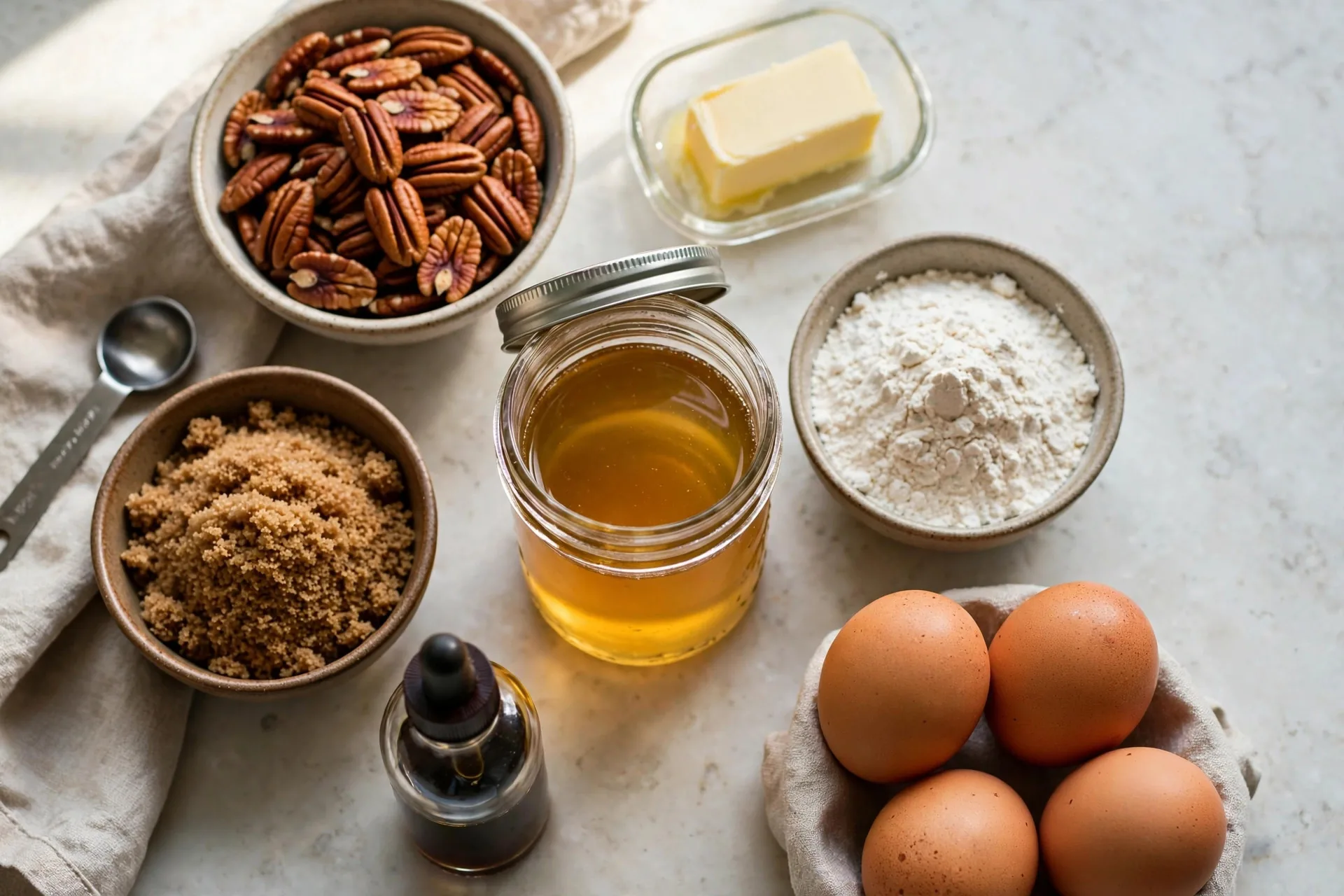 Pecans, butter, brown sugar, corn syrup, flour, and eggs for pecan pie bars