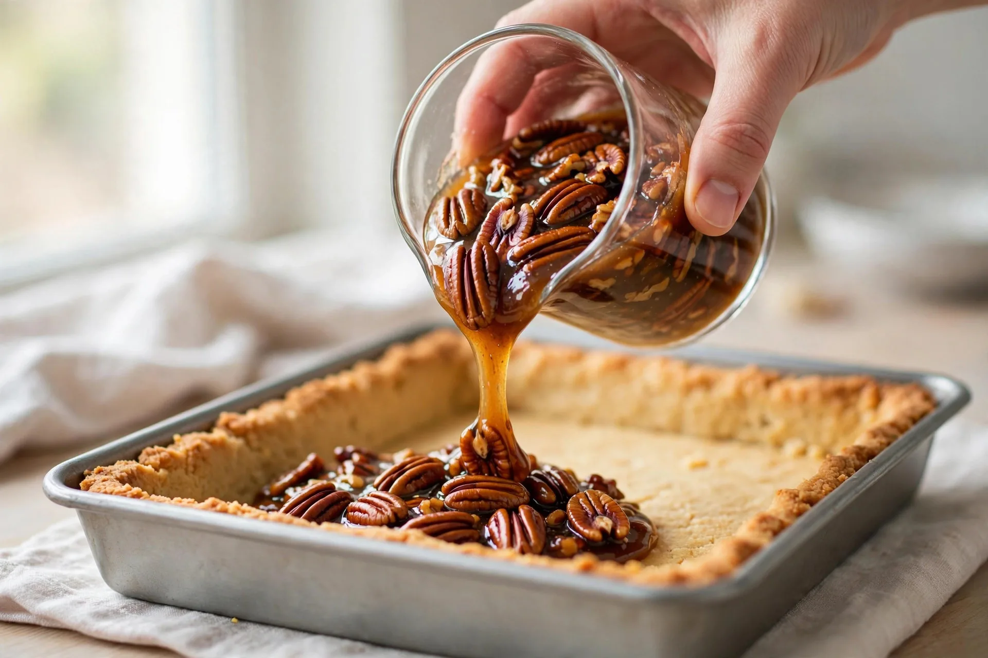 Pouring glossy pecan pie filling over a baked shortbread crust in a pan