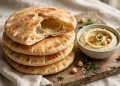 A stack of golden homemade pita breads, one torn open to show the hollow pocket inside, with hummus nearby