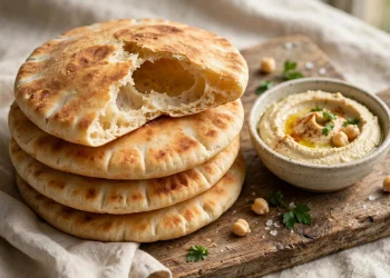 A stack of golden homemade pita breads, one torn open to show the hollow pocket inside, with hummus nearby