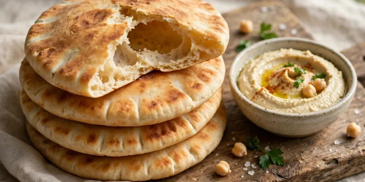 A stack of golden homemade pita breads, one torn open to show the hollow pocket inside, with hummus nearby