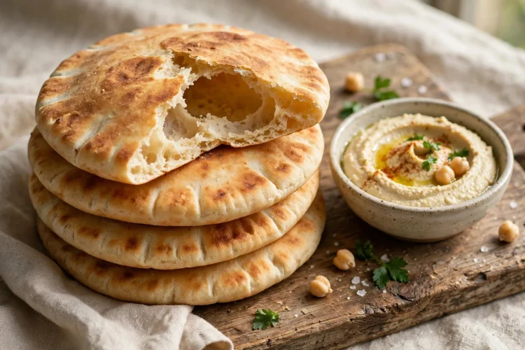 A stack of golden homemade pita breads, one torn open to show the hollow pocket inside, with hummus nearby
