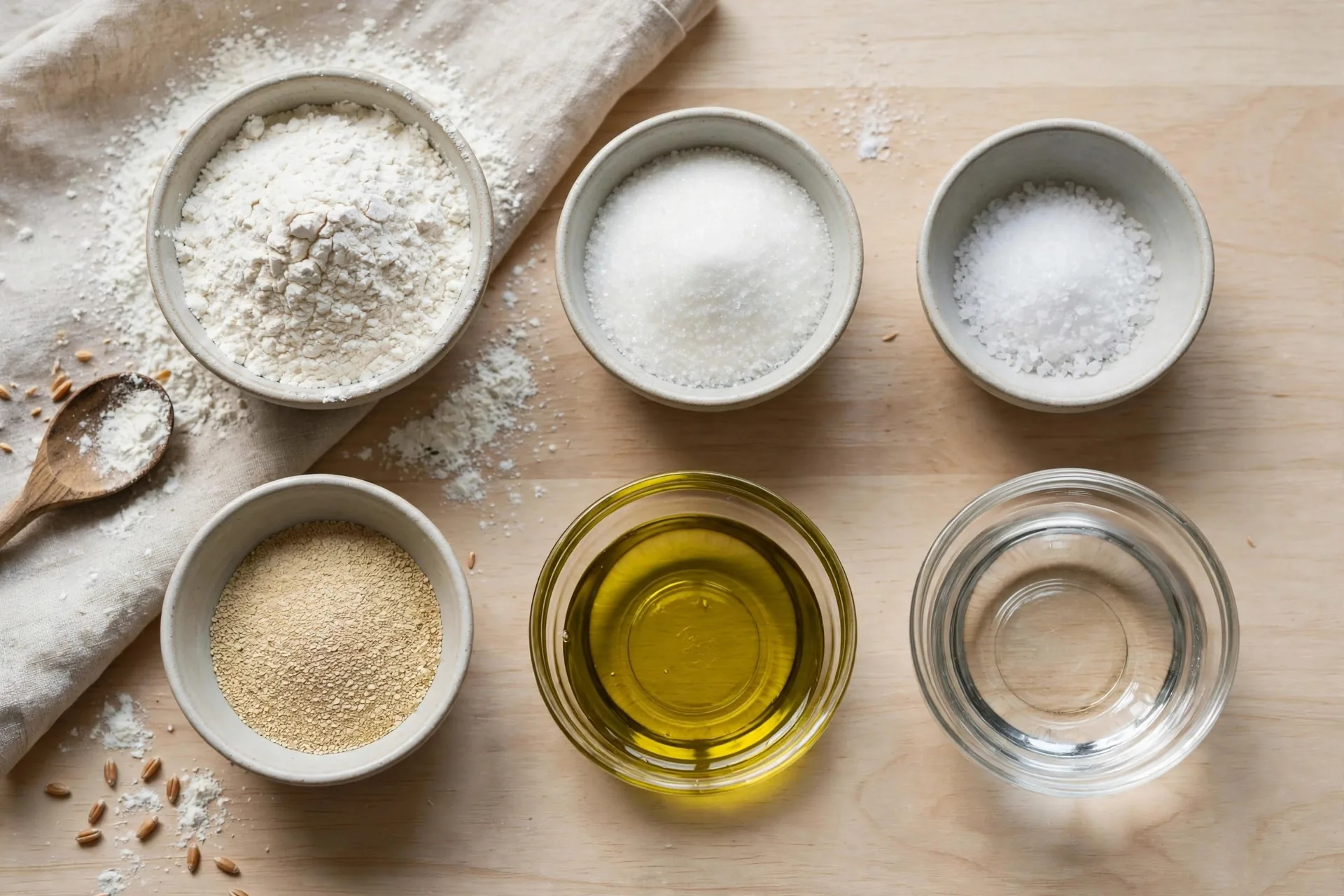 Pita bread ingredients laid out mise en place: flour, olive oil, yeast, sugar, salt, and water