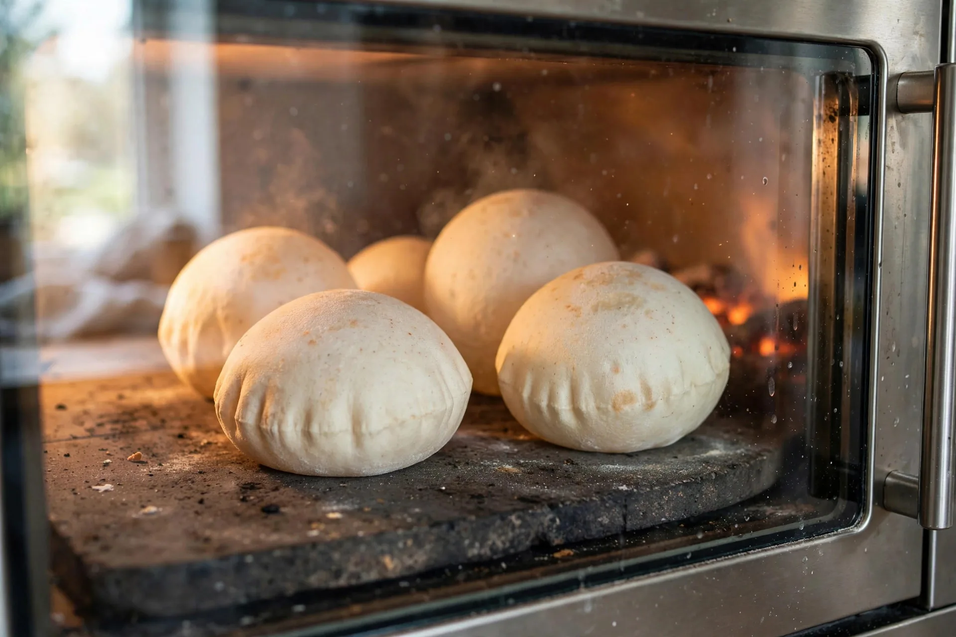 Round pita dough discs puffing up like balloons on a hot baking stone inside a glowing oven