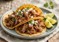 Crispy pork carnitas tacos in warm corn tortillas topped with diced onion and cilantro