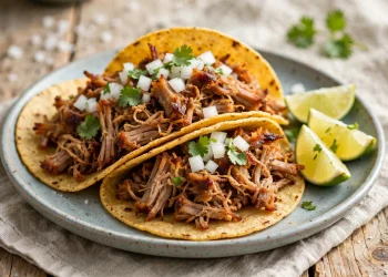 Crispy pork carnitas tacos in warm corn tortillas topped with diced onion and cilantro