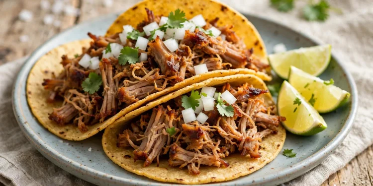 Crispy pork carnitas tacos in warm corn tortillas topped with diced onion and cilantro