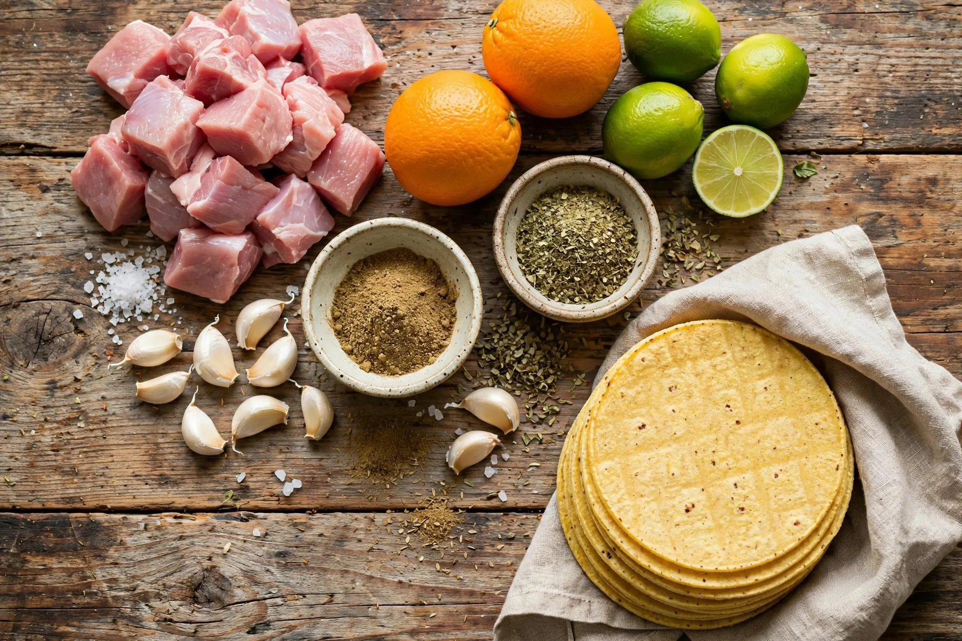 Raw pork carnitas ingredients laid out on a wooden table