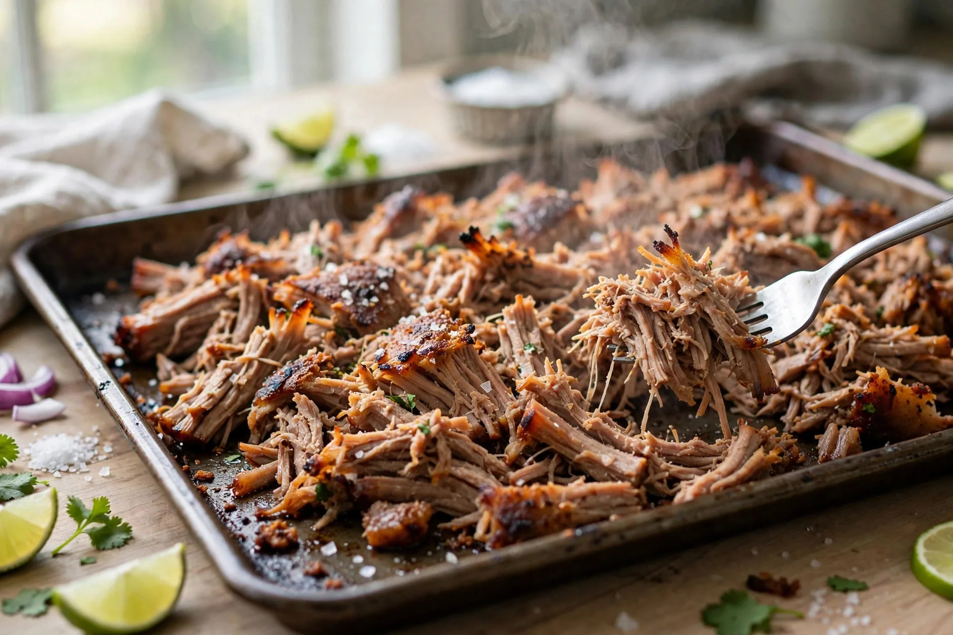 Shredded pork carnitas crisping on a sheet pan with a fork pulling the meat apart