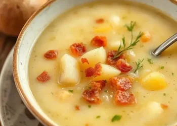 A close-up of a bowl of creamy potato soup recipe with chunks of potato, crispy bacon bits, and garnish, with a spoon in the bowl.