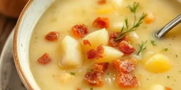 A close-up of a bowl of creamy potato soup recipe with chunks of potato, crispy bacon bits, and garnish, with a spoon in the bowl.